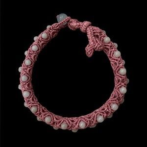 Handmade Pink Macrame Bracelet with White Beads – Adjustable Boho Bracelet